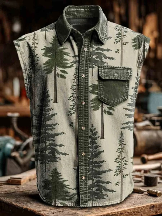 Vintage Forest Art Print Casual Sleeveless Lapel Shirt