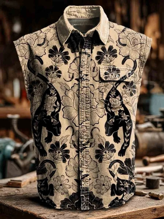 Vintage Print Casual Sleeveless Lapel Shirt