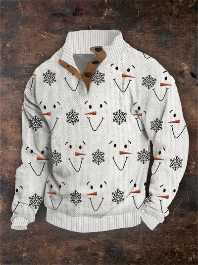 Men's Snowman Faces & Snowflakes Embroidered Cozy Pullover