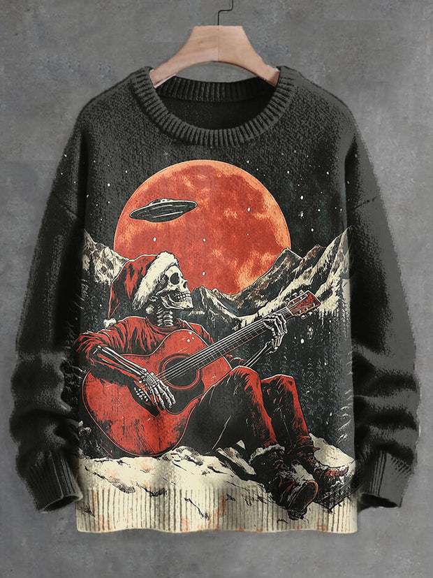 Men's Christmas Skeleton Playing Guitar In The Snowy Mountains UFO Art Print Knit Sweatshirt