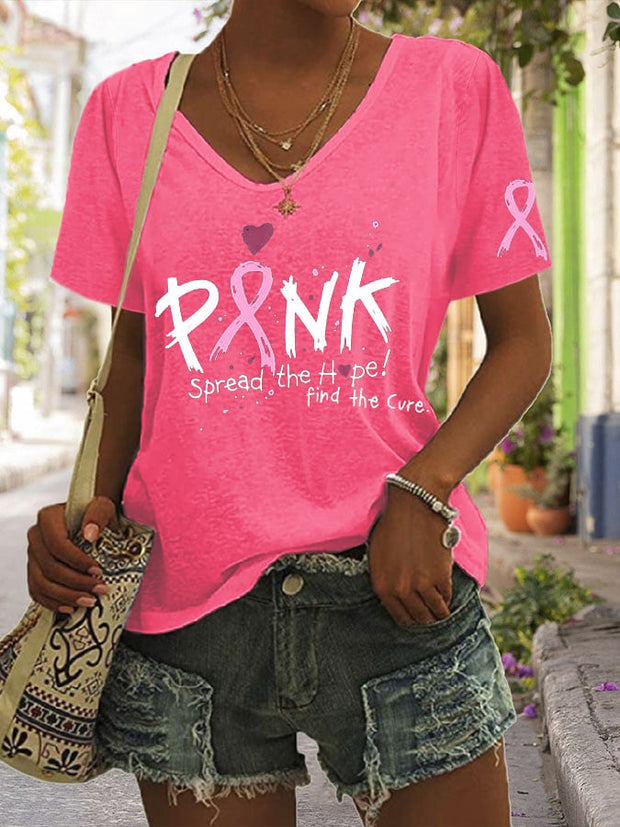 Women's Pink Spread the Hope Find the Cure Print Casual T-Shirt