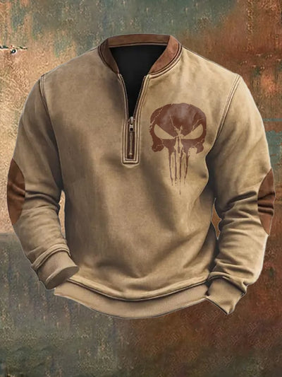 Men's Retro Color Block Skull Print Zip Collar Sweatshirt