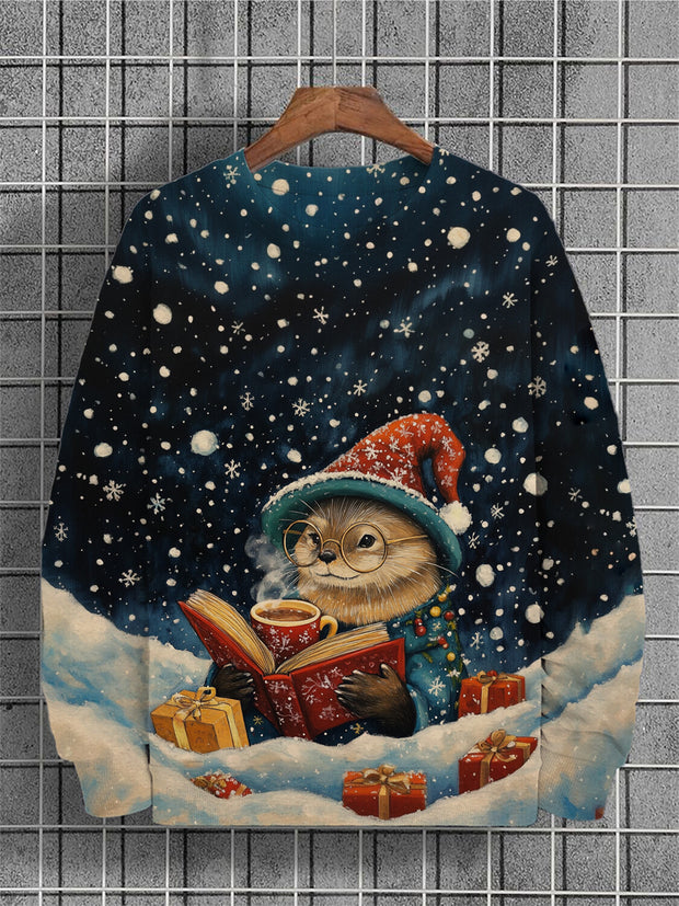 Men's Christmas Snowflake Otter Reading Print Casual Sweatshirt