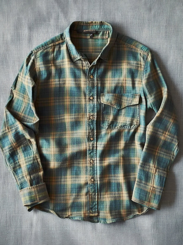 Men's Linen Long-Sleeved Plaid Casual Shirt Tops