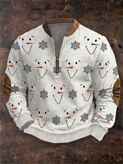 Men's Christmas Snowman Faces & Snowflakes Embroidered Cozy Sweatshirt