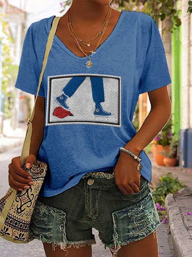 Women's Chucks&Pearls&Red Hat Print V-Neck T-Shirt