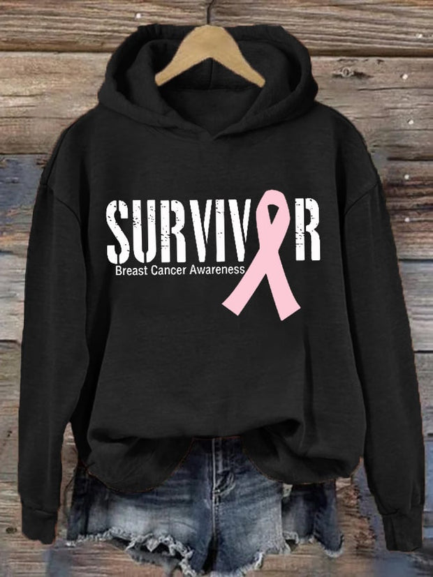 Women's Breast Cancer Survivor Ribbon Print Hoodie