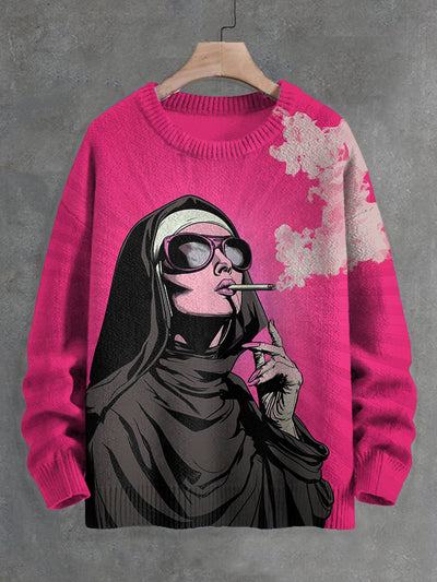 Men's Personality Nun Smoking Print Knit Sweatshirt