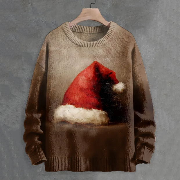 Men's Vintage Christmas Hat Oil Painting Art Print Knit Crew Neck Sweater