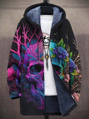 Unisex Skull Flowers Art Print Plush Thick Long-Sleeved Sweater Cardigan Coat