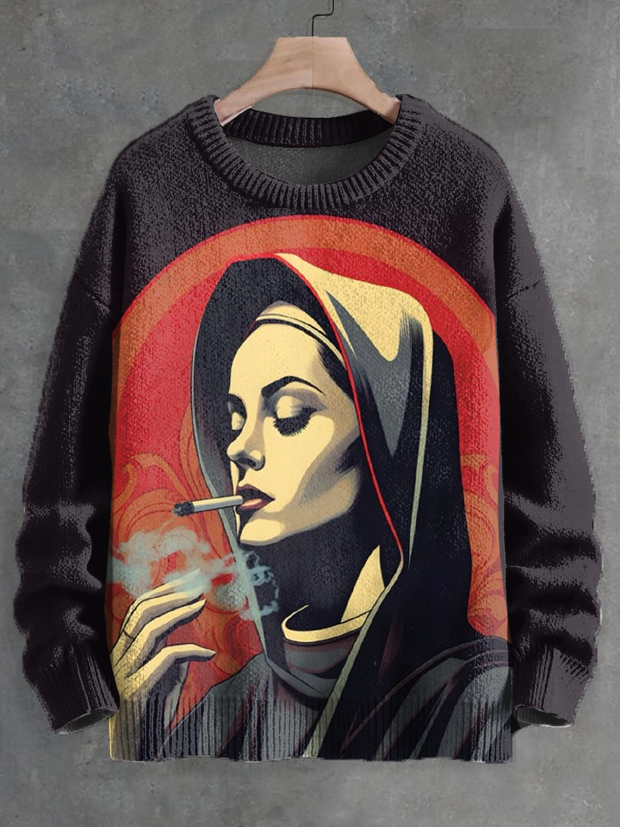 Men's Sinful Saints Smoking Art Print Knit Sweatshirt