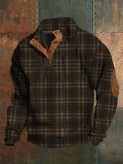 Men's Western Vintage Plaid Print Stand Collar Button-Down Sweatshirt