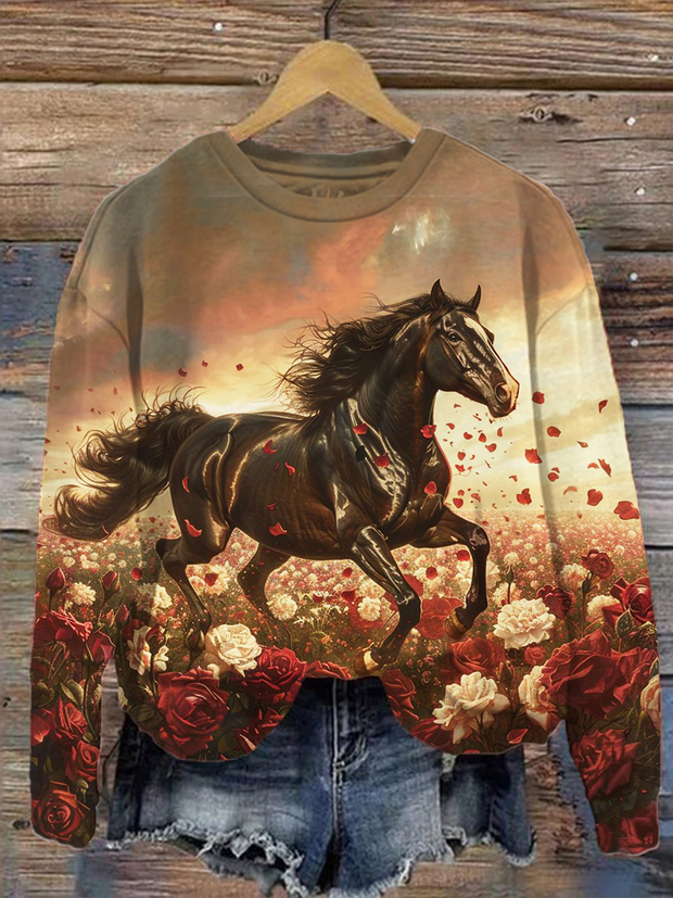 Floral Horse Print Casual Long Sleeve Top