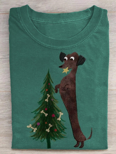 Doxie Christmas Tree Printed Crew Neck T-shirt