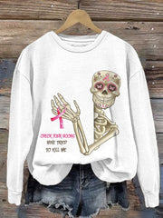 Retro Breast Cancer Awareness Skull Check Your Boobs Mine Tried To Kill Me Print Sweatshirt