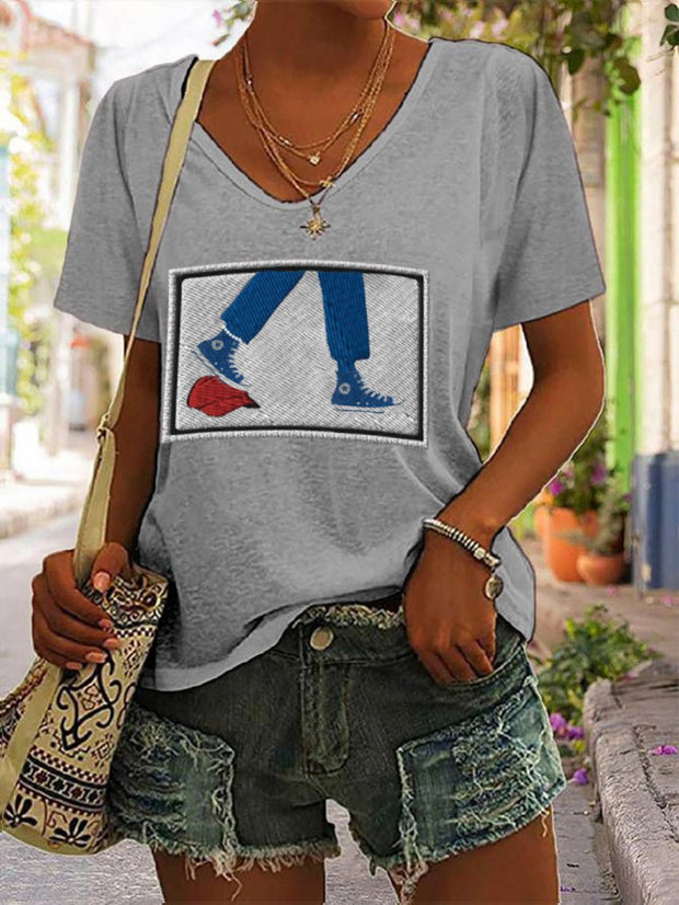 Women's Chucks&Pearls&Red Hat Print V-Neck T-Shirt