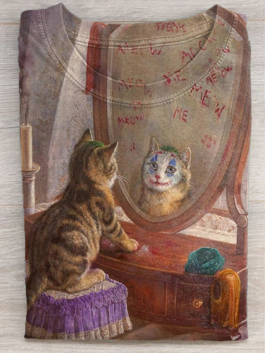 Clown Cat Looking In The Mirror Print T-shirt