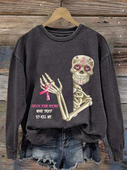 Retro Breast Cancer Awareness Skull Check Your Boobs Mine Tried To Kill Me Print Sweatshirt