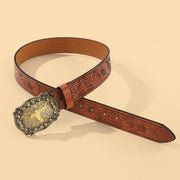 Retro Western Cow Head Print Leather Belt