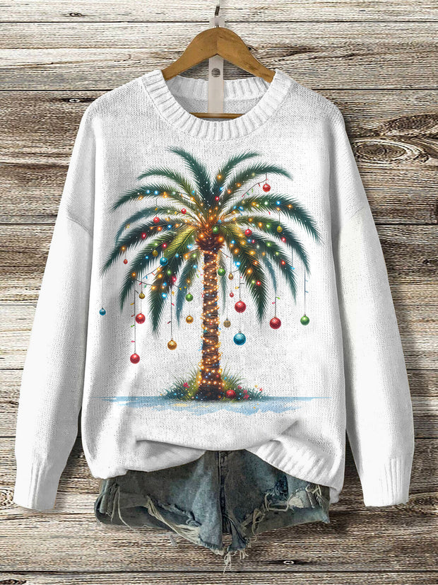 Women's Christmas Coconut Tree Ball Print Knit Sweatshirt