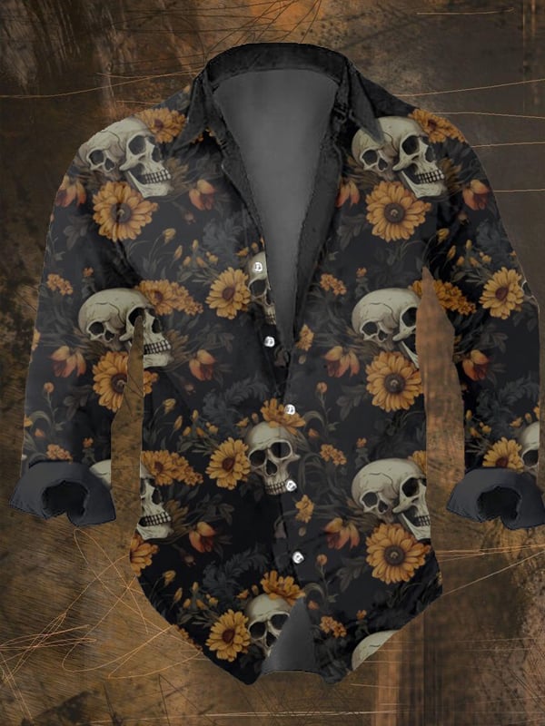 Men's Vintage Dark Skull Print Long Sleeve Shirt