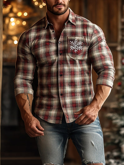 Men's Snowflake Plaid Long Sleeve Shirt