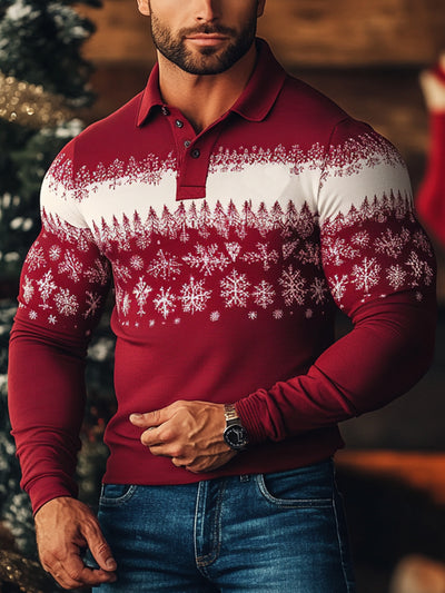 Men's Christmas Snowflake Long Sleeve Polo Shirt