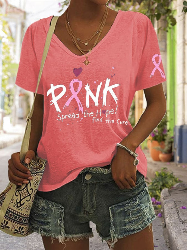 Women's Pink Spread the Hope Find the Cure Print Casual T-Shirt