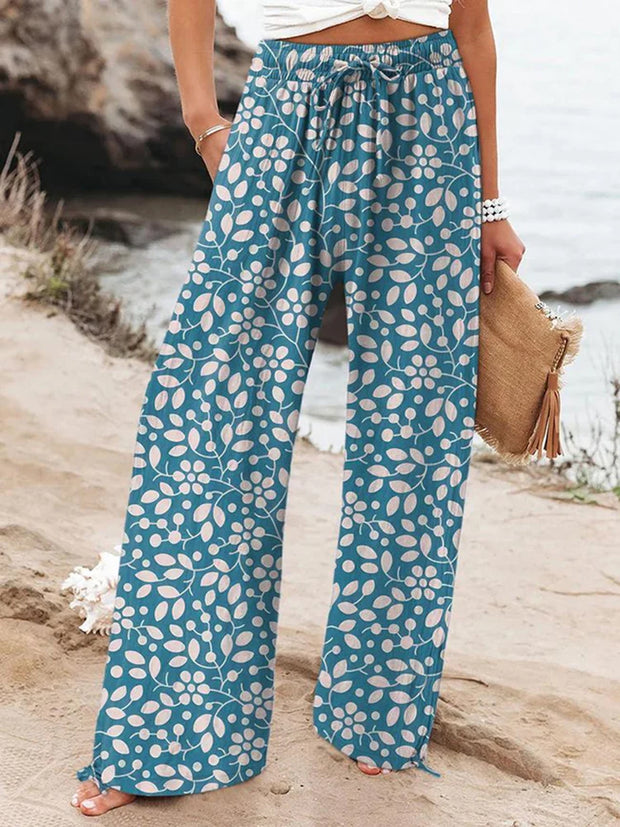 Women's Retro Flowers Printed Linen Casual Pants