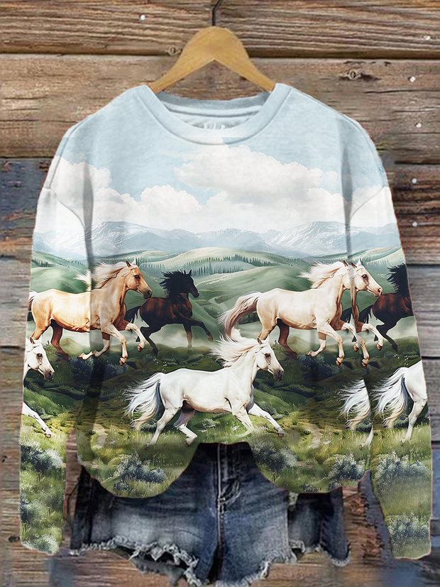 Horse Print Casual Long Sleeve Top