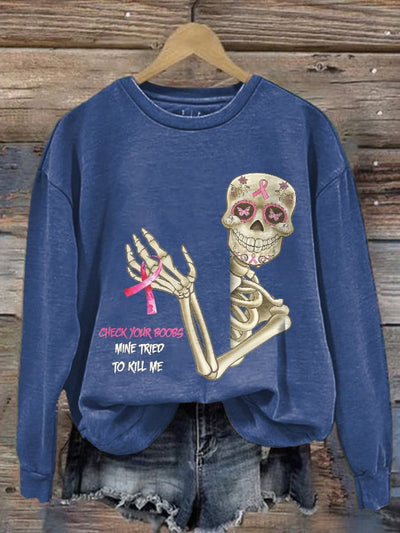 Retro Breast Cancer Awareness Skull Check Your Boobs Mine Tried To Kill Me Print Sweatshirt