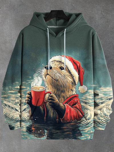 Men's Christmas Otters Drinking Coffee In Hot Springs Print Hooded Sweatshirt