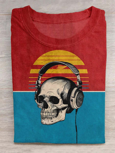 Unisex Skeleton Wearing Head Mounted Headphones Print Design T-shirt