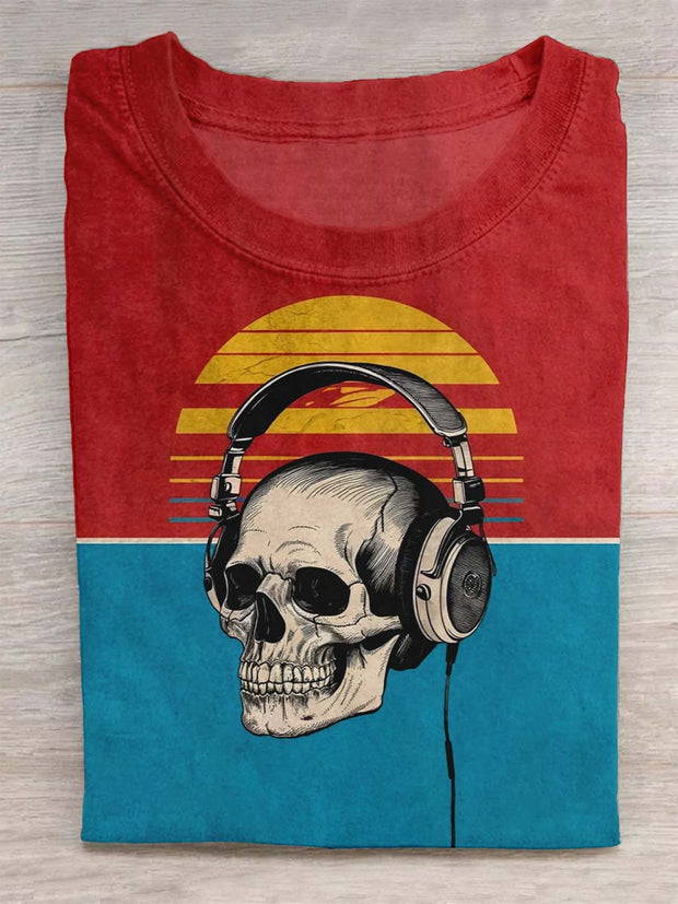 Unisex Skeleton Wearing Head Mounted Headphones Print Design T-shirt