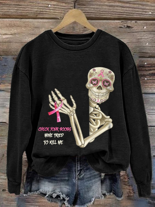 Retro Breast Cancer Awareness Skull Check Your Boobs Mine Tried To Kill Me Print Sweatshirt