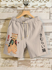 Men's Japanese Sushi Samurai Cat Print Casual Shorts