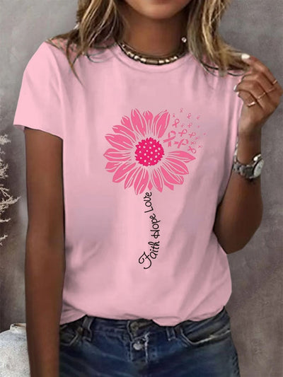 Women's Faith Hope Love Breast Cancer Print Casual T-Shirt