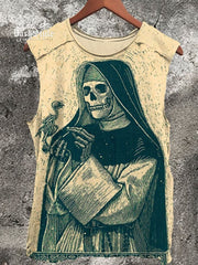 Skeleton Nun Vintage Print 100% Cotton Casual Tank Top