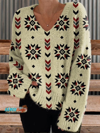 Women's Vintage Aztec Print Casual V-neck Pullover Knit