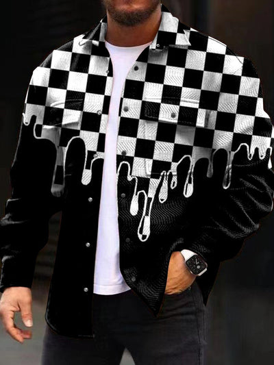 Men's Checkerboard Melted Art Print Fashion Casual Long-Sleeved Jacket