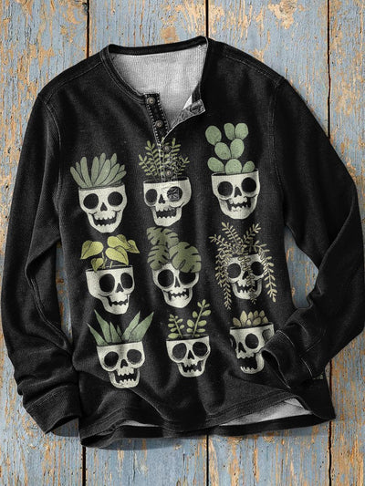 Decorative Pattern of Skeletons with Vegetative Brains Henley Sweatshirt