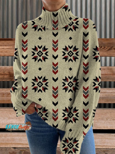 Vintage Aztec Print Knit Turtleneck Pullover Sweater