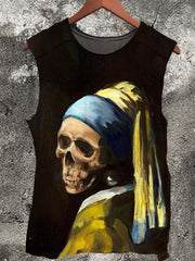 Skeleton with Pearl Earrings Vintage Print 100% Cotton Casual Tank Top