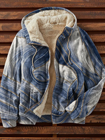 Blue Geometric Color Block Print Waffle Plush Thick Long-Sleeved Hooded Coat