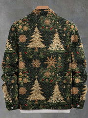 Vintage Christmas Tree Snowflake Art Print Casual Denim Jacket