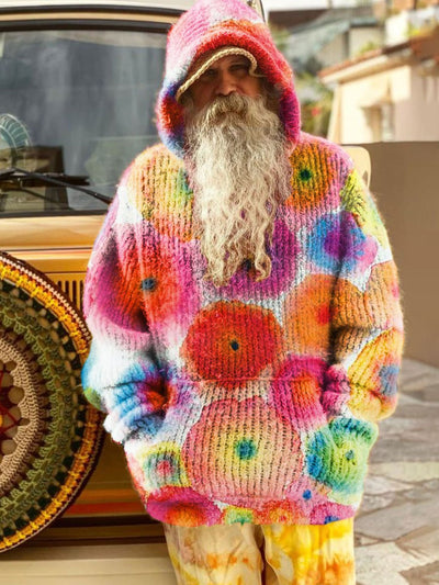 Colorful Circle Art Print Knit Pullover Hooded Sweater