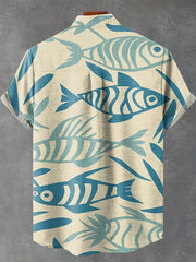 Creative Blue Fish Vintage Print Casual Shirt