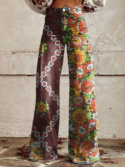 Retro Hippie Print Casual Wide Leg Pants