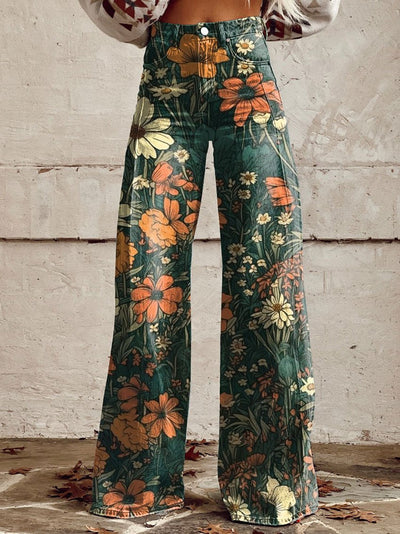 Retro Hippie Print Casual Wide Leg Pants