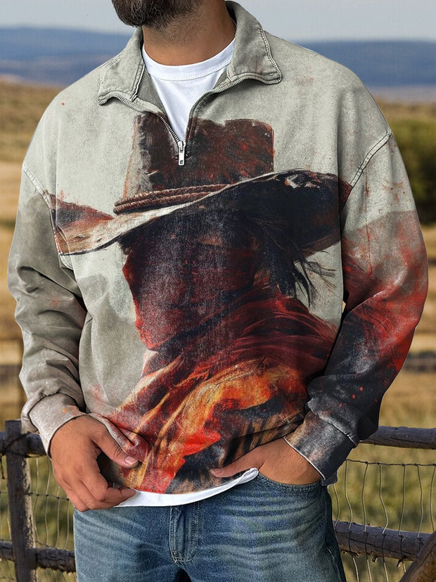 Masked Western Cowboy Print Casual Long Sleeve Zip Sweatshirt